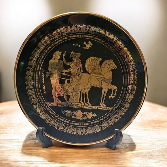 Special Hand Made in Greece 24K Gold Black PEGASUS 9.5” Decorative Wall Plate - Picture 1 of 11